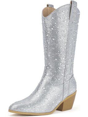 Women's Silver Rhinestone Mid Calf Sparkly Western Chunky Heel Cowgirl Booties
